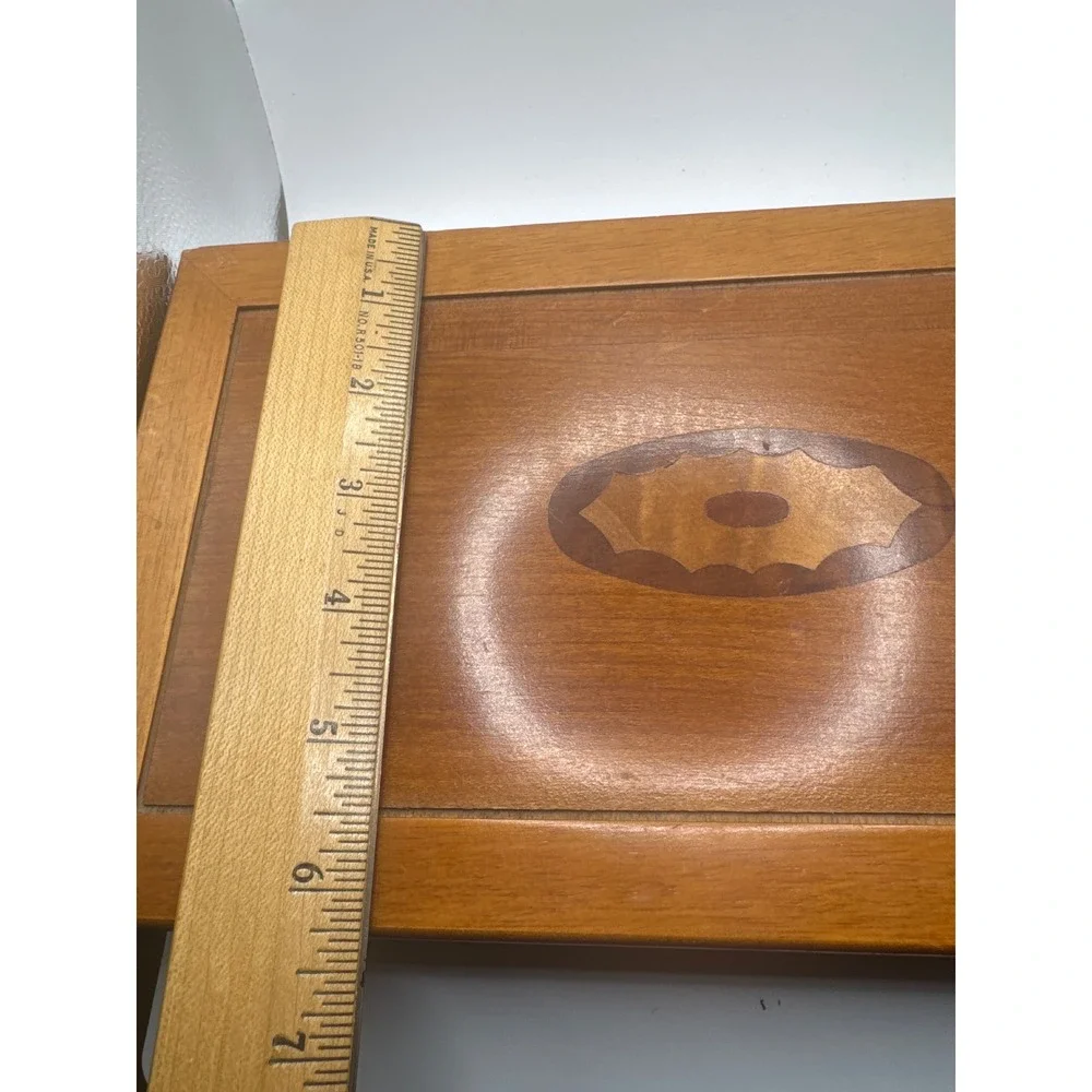 Vintage Wooden Jewelry Box Marquetry Inlay Fluted Base Red Velvet Lining 12in